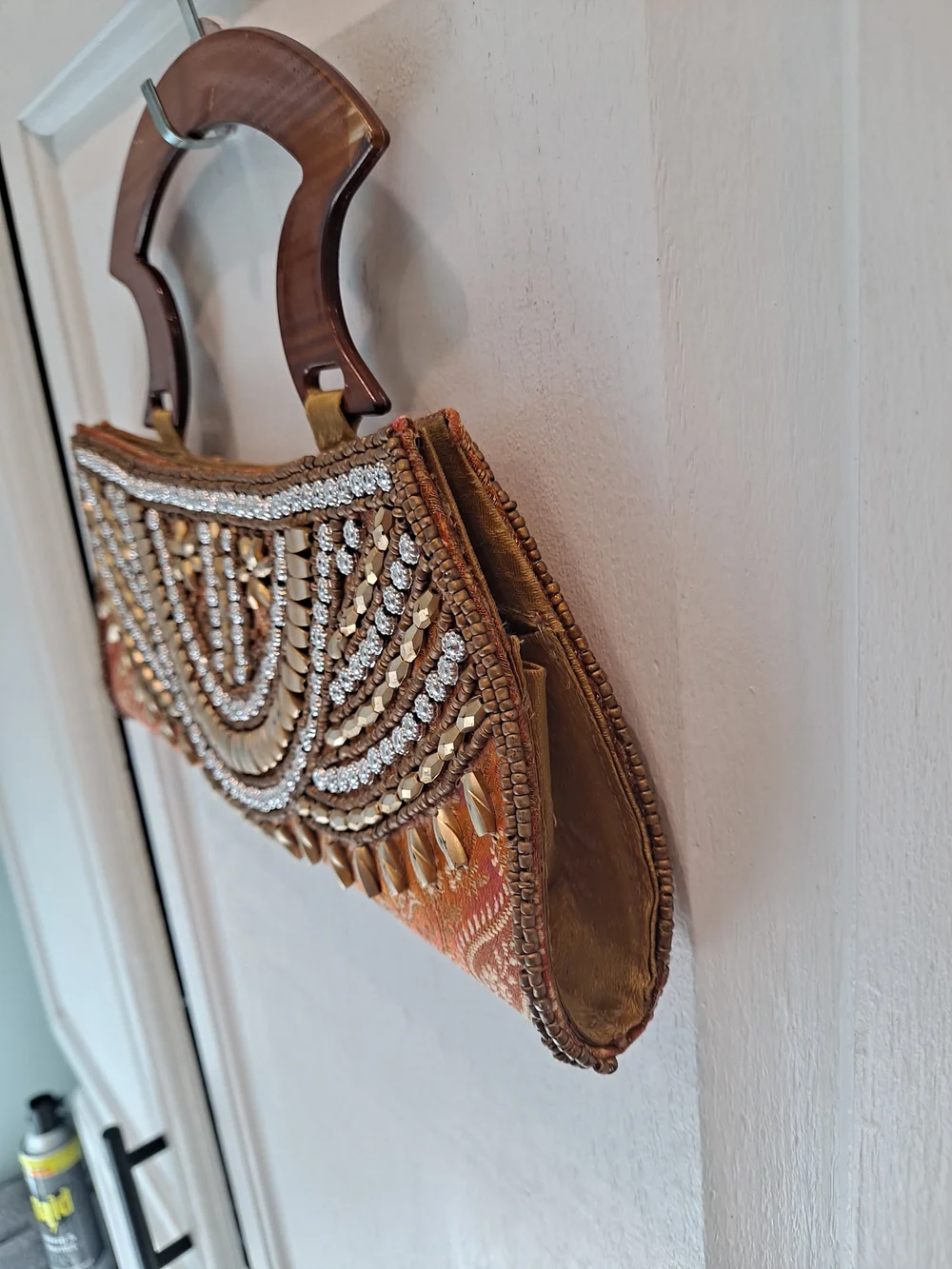 Vintage Beaded Silk Like Orange Evening Clutch Art Deco Wooden Handle Boho Bag